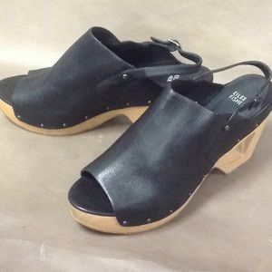 Eileen Fisher black leather open toe clog sandals